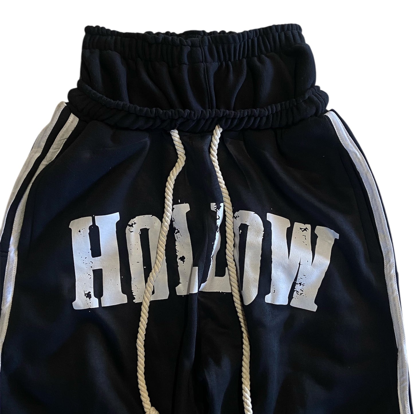(BLACK) HOLLOW DOUBLE WAISTED SWEATPANTS.